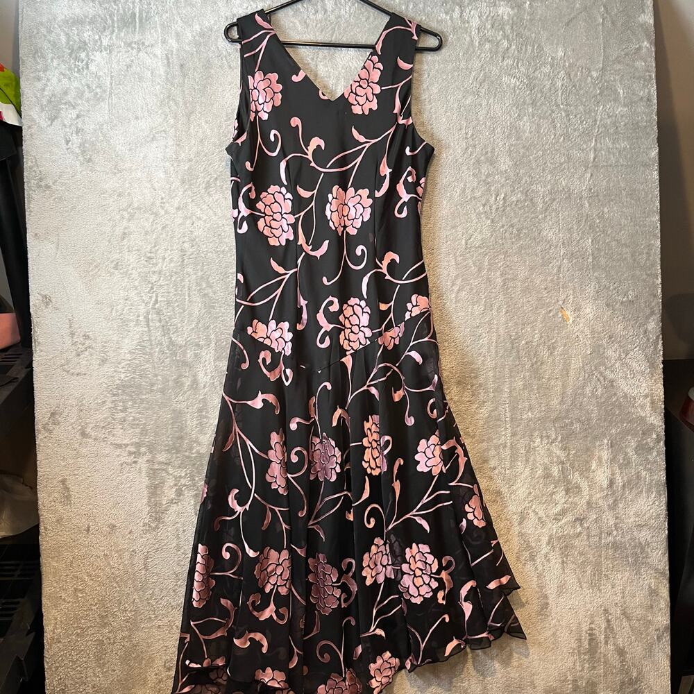 Vintage Y2K Black Pink Floral Ruffle Hem Dress Cottagecore Coquette Sz 14 - Picture 4 of 8